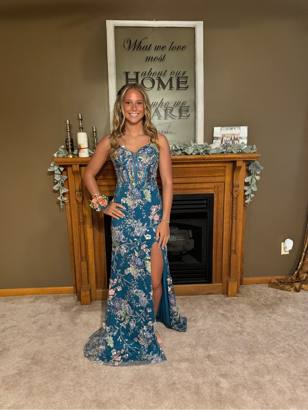Teal Floral Beaded Prom Gown with Sweetheart Neckline